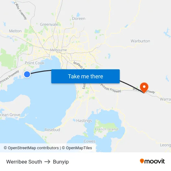 Werribee South to Bunyip map