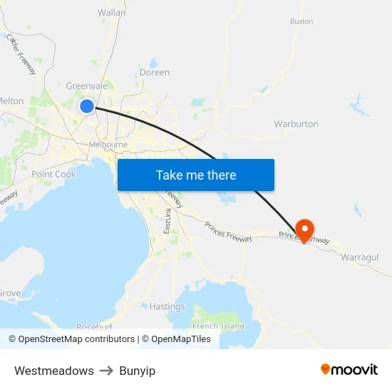 Westmeadows to Bunyip map