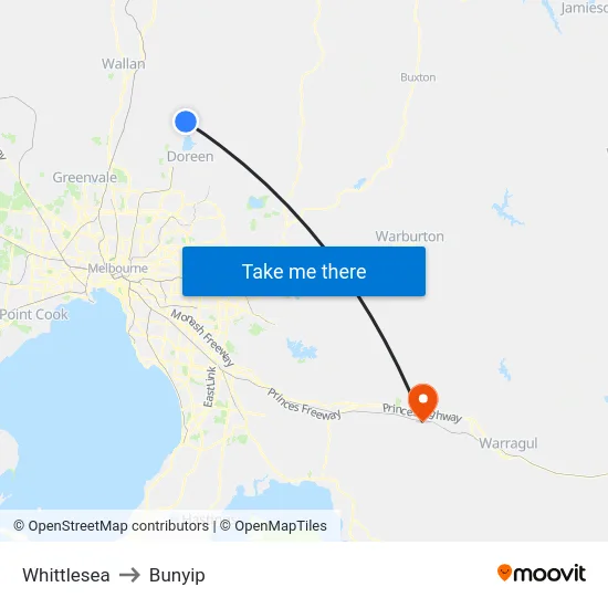 Whittlesea to Bunyip map