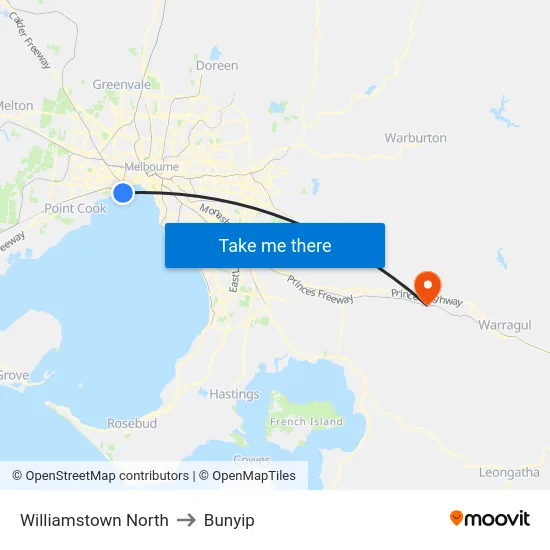 Williamstown North to Bunyip map