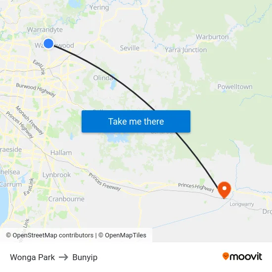 Wonga Park to Bunyip map