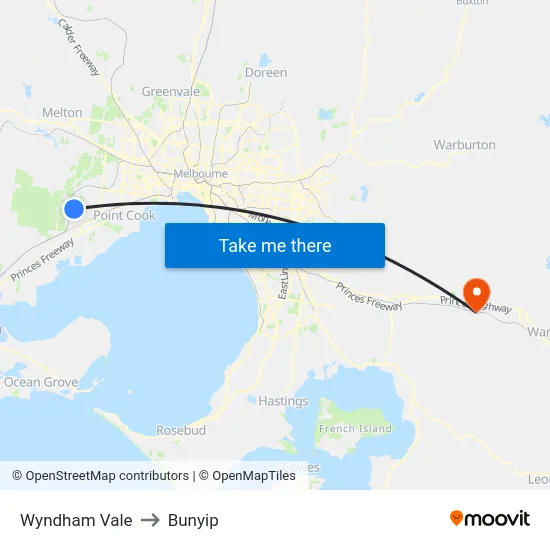 Wyndham Vale to Bunyip map
