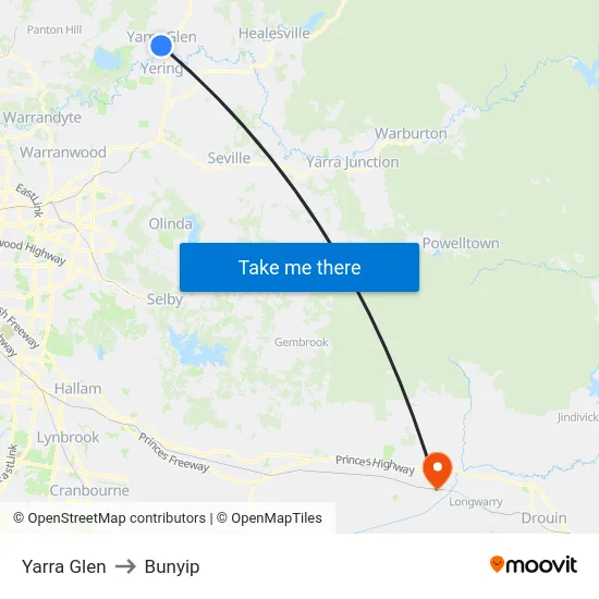 Yarra Glen to Bunyip map