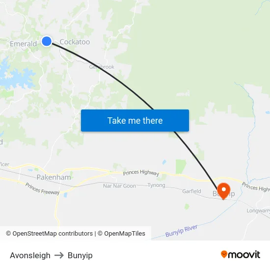 Avonsleigh to Bunyip map