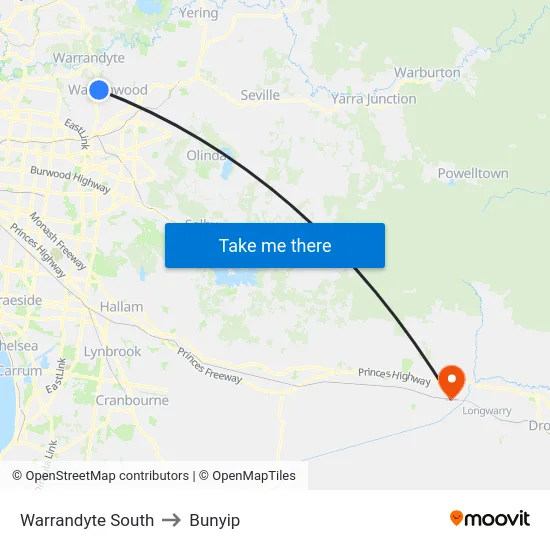Warrandyte South to Bunyip map