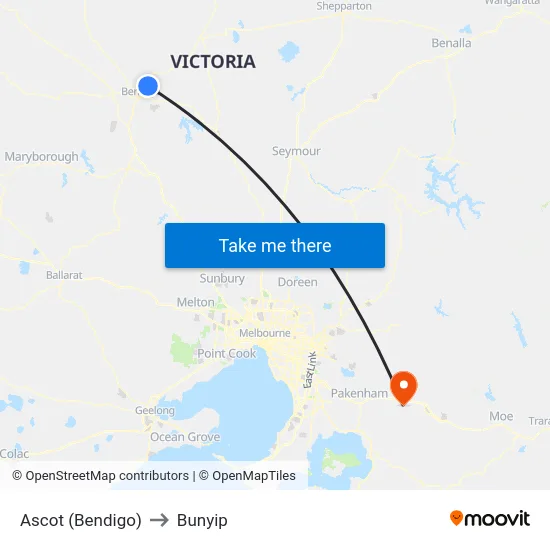 Ascot (Bendigo) to Bunyip map