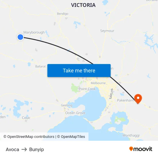 Avoca to Bunyip map
