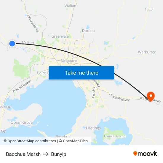 Bacchus Marsh to Bunyip map