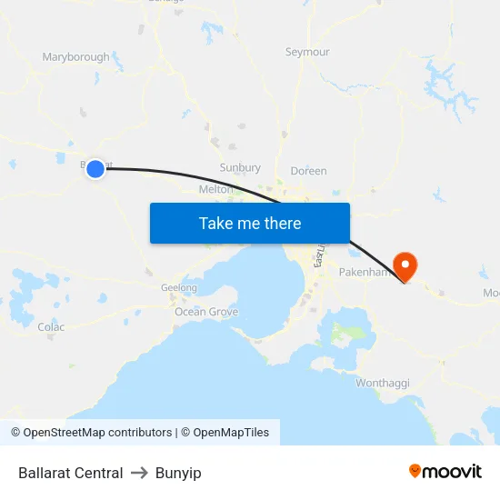Ballarat Central to Bunyip map