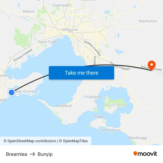 Breamlea to Bunyip map