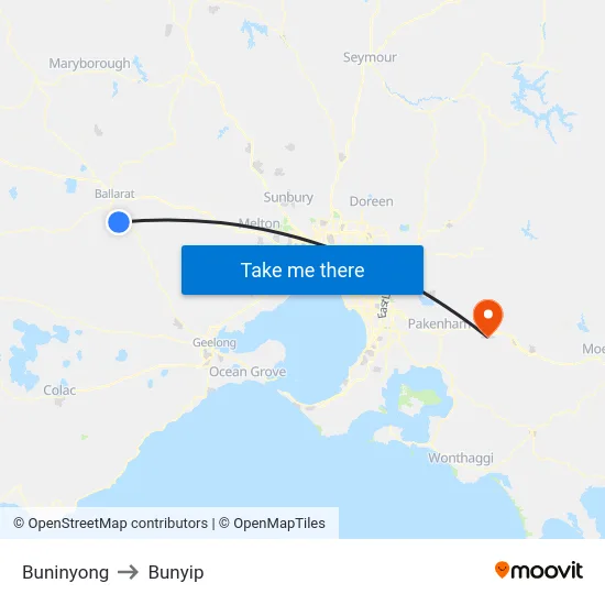 Buninyong to Bunyip map