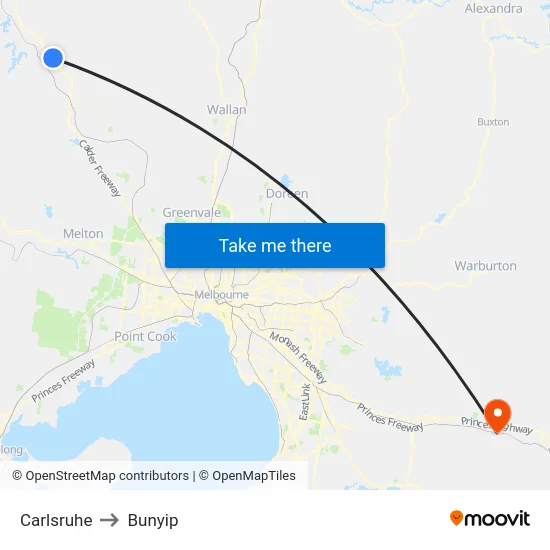 Carlsruhe to Bunyip map