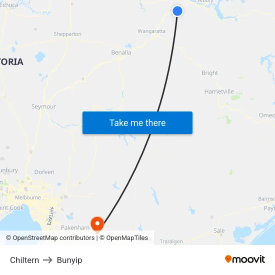 Chiltern to Bunyip map