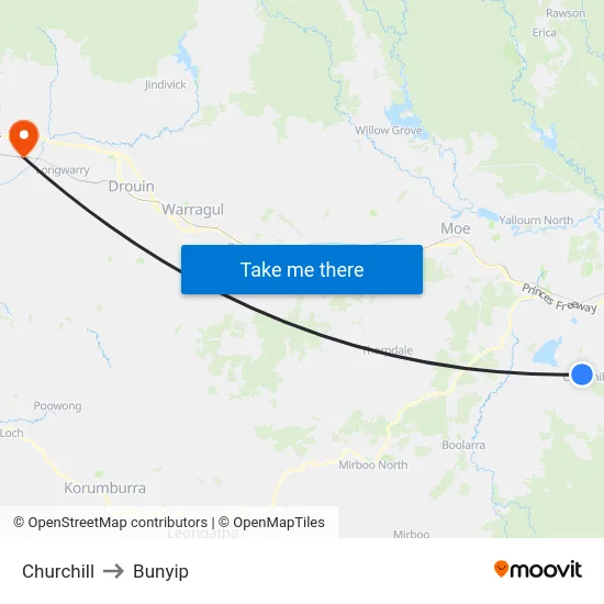 Churchill to Bunyip map