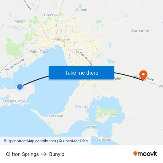Clifton Springs to Bunyip map