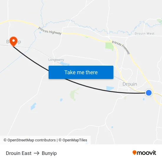 Drouin East to Bunyip map