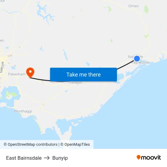 East Bairnsdale to Bunyip map