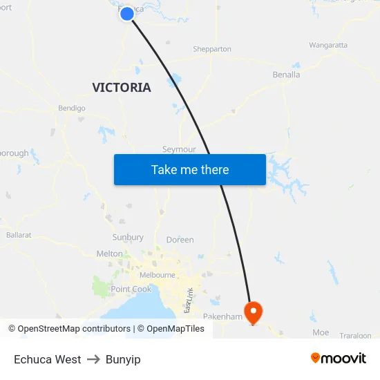 Echuca West to Bunyip map