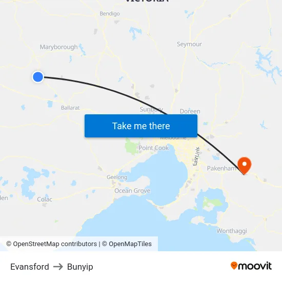 Evansford to Bunyip map