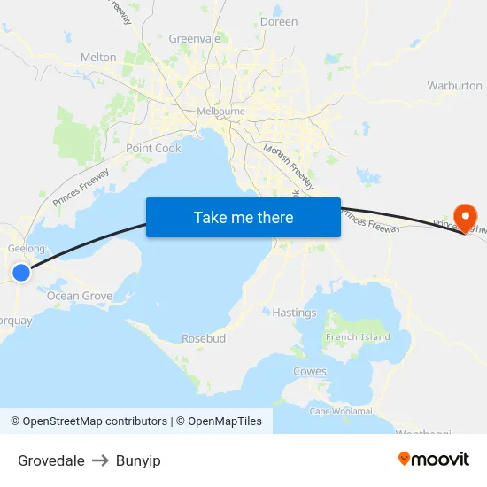 Grovedale to Bunyip map