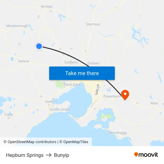 Hepburn Springs to Bunyip map