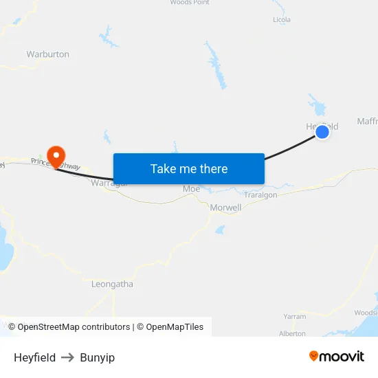 Heyfield to Bunyip map