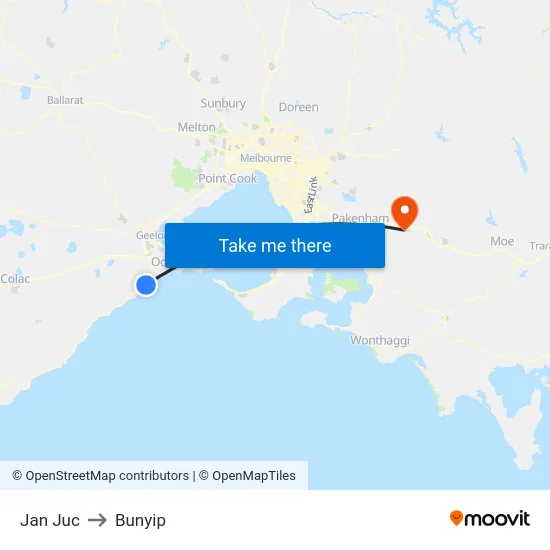 Jan Juc to Bunyip map