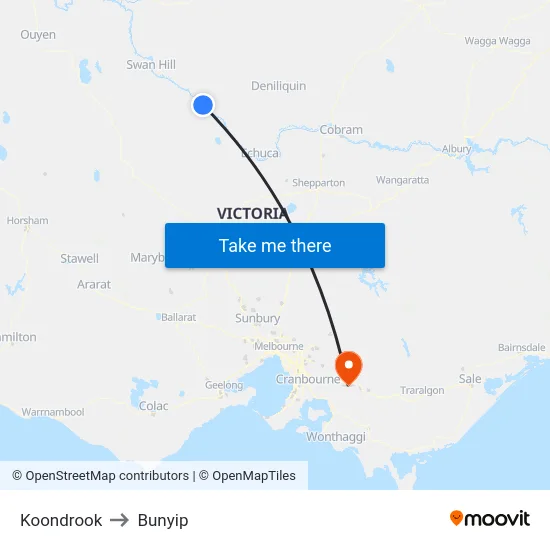 Koondrook to Bunyip map