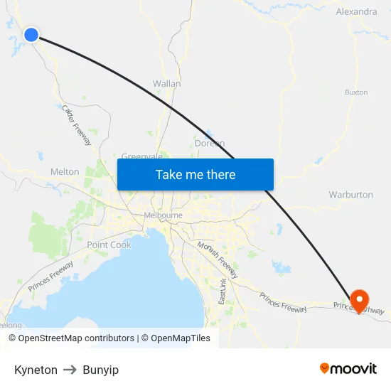 Kyneton to Bunyip map