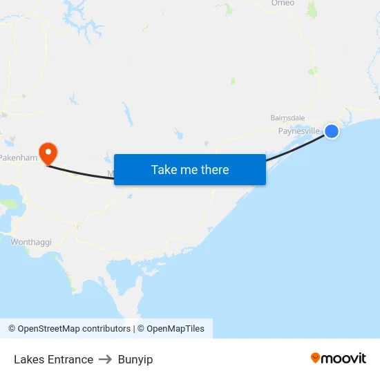 Lakes Entrance to Bunyip map