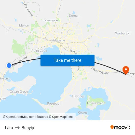 Lara to Bunyip map