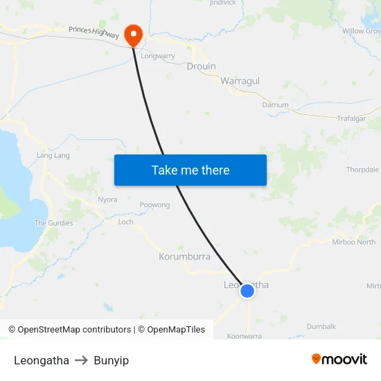 Leongatha to Bunyip map