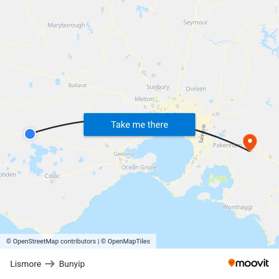 Lismore to Bunyip map