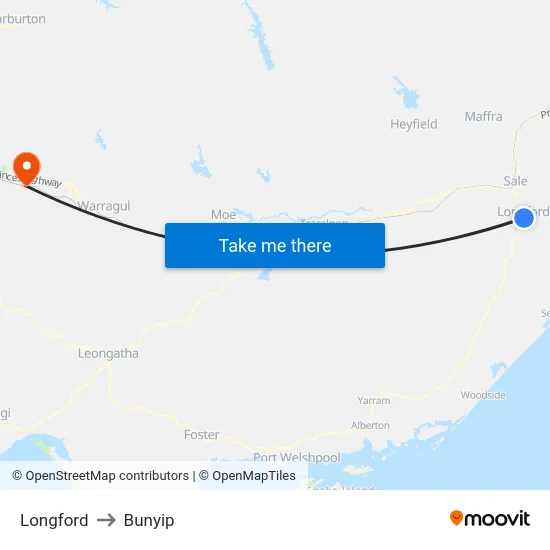 Longford to Bunyip map