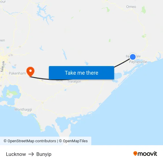 Lucknow to Bunyip map