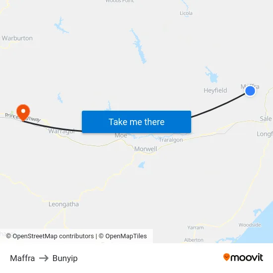 Maffra to Bunyip map