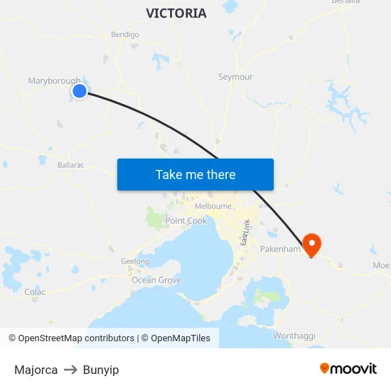 Majorca to Bunyip map