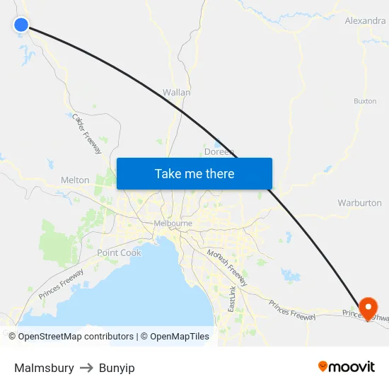 Malmsbury to Bunyip map