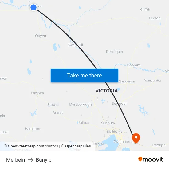 Merbein to Bunyip map