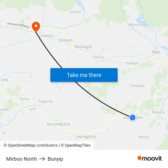 Mirboo North to Bunyip map