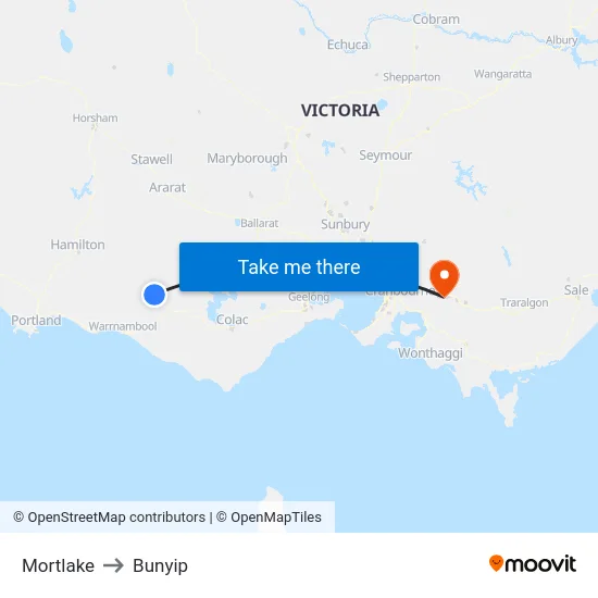 Mortlake to Bunyip map