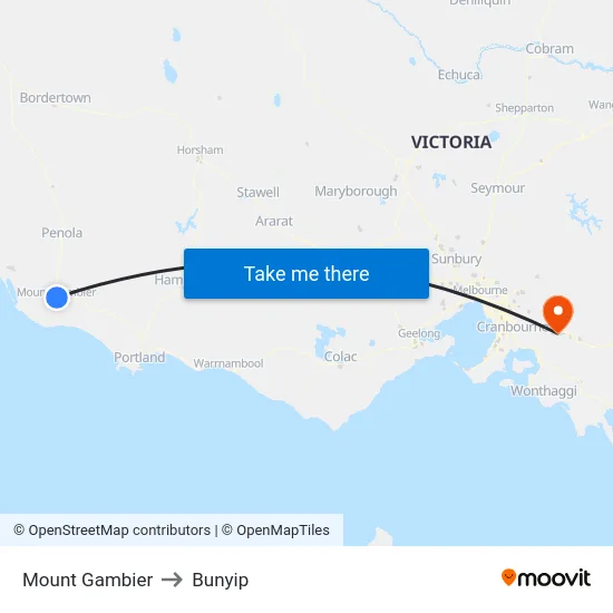 Mount Gambier to Bunyip map