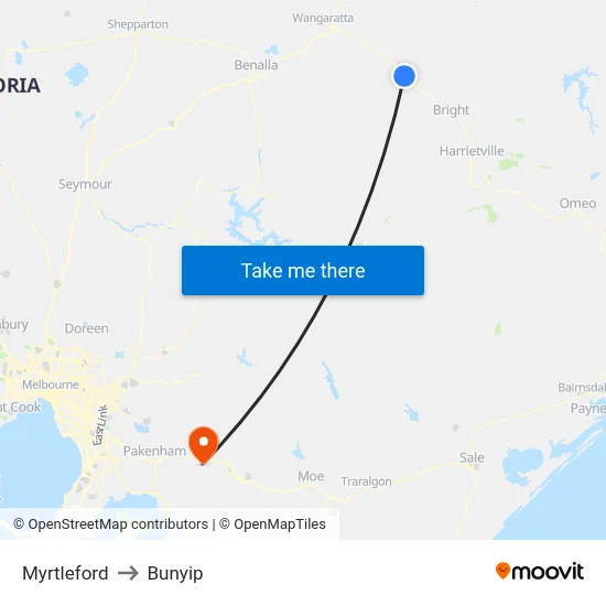 Myrtleford to Bunyip map
