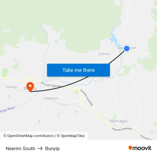 Neerim South to Bunyip map