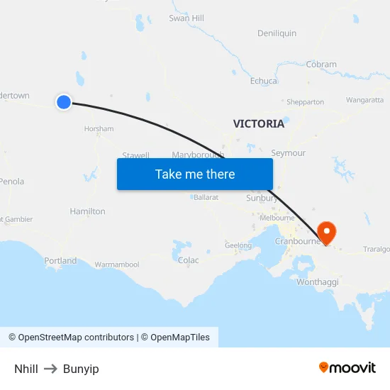 Nhill to Bunyip map