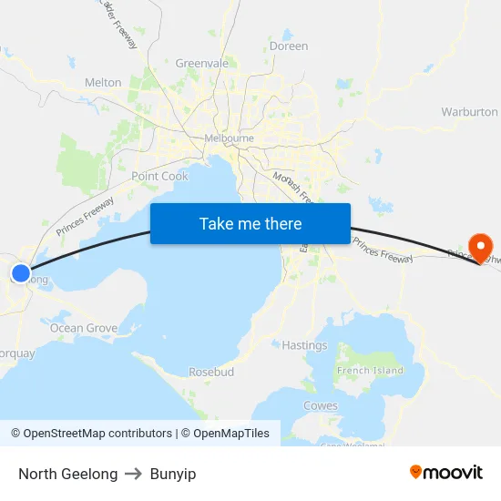 North Geelong to Bunyip map