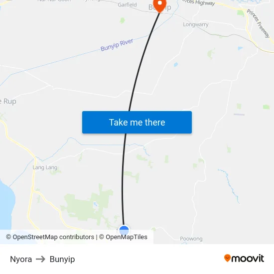 Nyora to Bunyip map