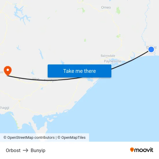 Orbost to Bunyip map