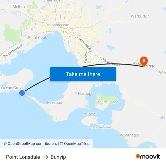 Point Lonsdale to Bunyip map