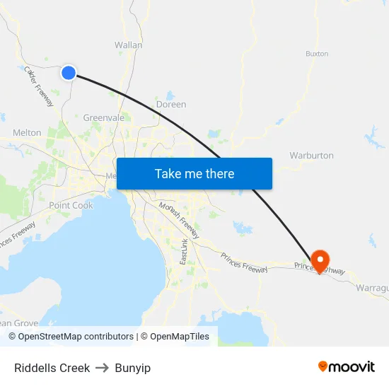 Riddells Creek to Bunyip map